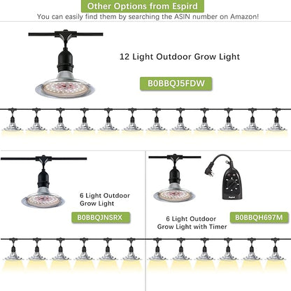 Espird Outdoor LED Grow Light with Timer, 12-Light Full Spectrum Grow Light Strip, Waterproof Plant Lamps, UL Certified String Grow Lights for Greenhouse Garden, 41FT Light for Veg Seedling Flower