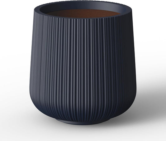 Kante 13.0" Dia Round Fluted Concrete Planter, Large Plant Pot with Drainage, Smooth Charcoal Finish with Warm Brown Interior, for Indoor and Outdoor Use