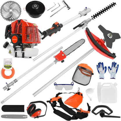 Gas Weed Eater 6 in 1 Hedge Trimmer Grass Trimmer, 52cc 2 Cycle Weed Wacker with Anti-Slip Handle Brush Cutter Garden Tools Edger Lawn Tool Red