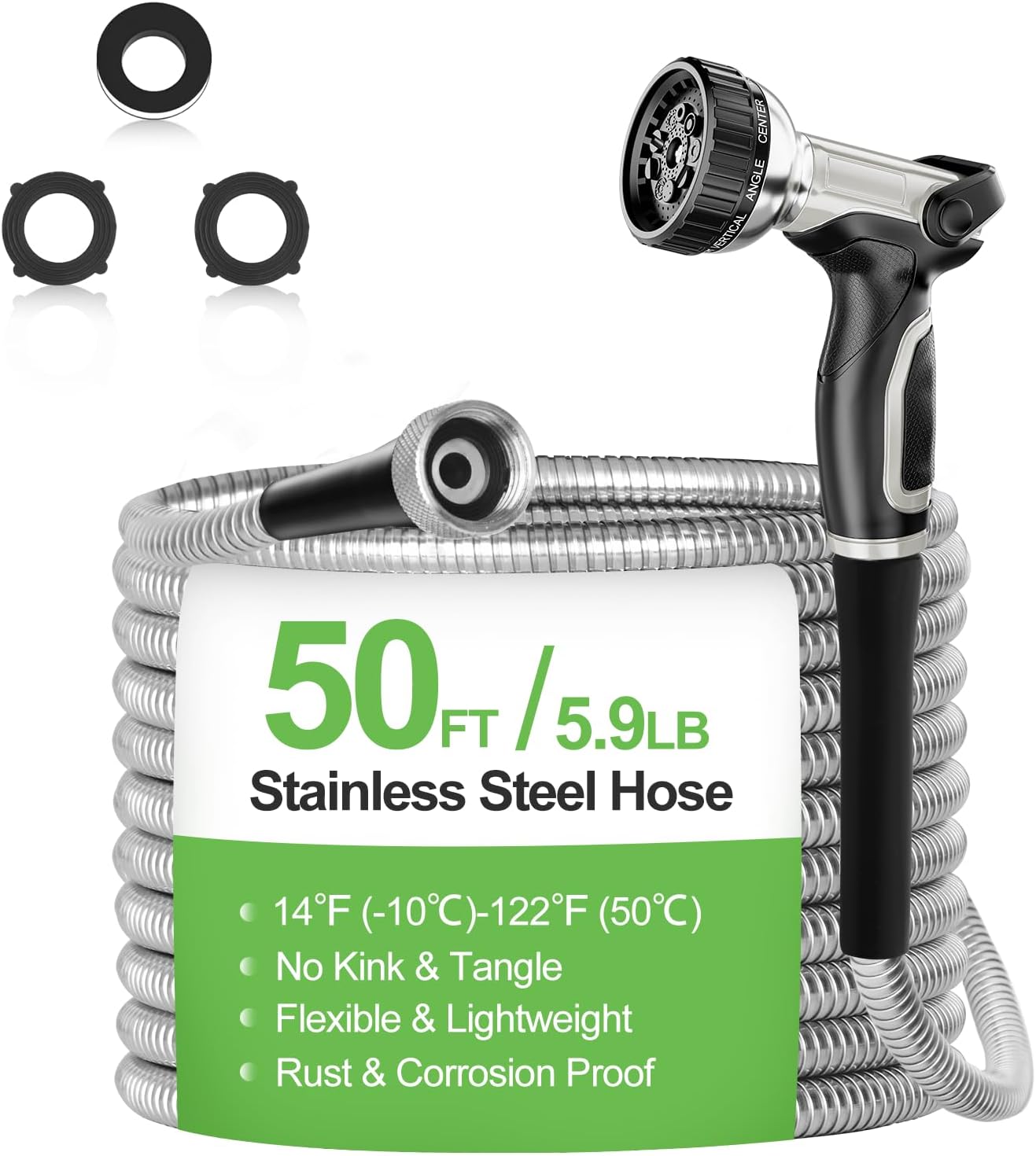 Garden Hose Metal 50 ft, Stainless Steel Water Hose with Upgrage Aluminum Nozzles, Flexible | Heavy Duty | Lightweight | No Kink | Anti-Bite Hose for Yard,RV Park, Outdoor Watering