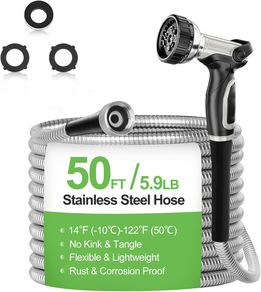Garden Hose Metal 50 ft, Stainless Steel Water Hose with Upgrage Aluminum Nozzles, Flexible | Heavy Duty | Lightweight | No Kink | Anti-Bite Hose for Yard,RV Park, Outdoor Watering