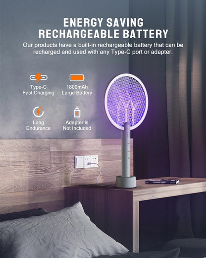 Electric Fly Swatter Racket, Mosiller 2 in 1 Smart Bug Zapper & Power Take Off Generators with USB Rechargeable Base, Powerful Mosquitoes Trap Lamp & Fly Killer for Home, Bedroom(Light Grey（2 Pack）)