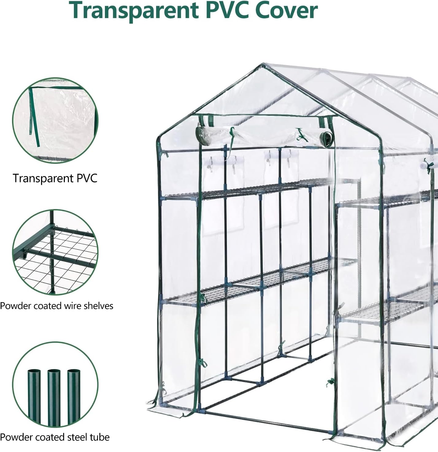 Greenhouse, 57 x 85 x 77'' Greenhouses for Outdoors, with Mesh Side Windows, PE Cover, 8 Shelves, Heavy Duty Walk in Green House for Backyard Garden Indoor, White& Green Outside
