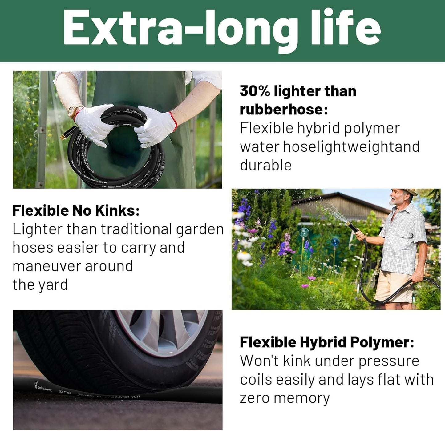Garden Hose 75 ft x 5/8 in Heavy Duty Water Hose, Flexible and Durable, Lightweight Rubber Hybrid Hose, Leak-Free Connections, Male to Female Fittings, BT75B, Black