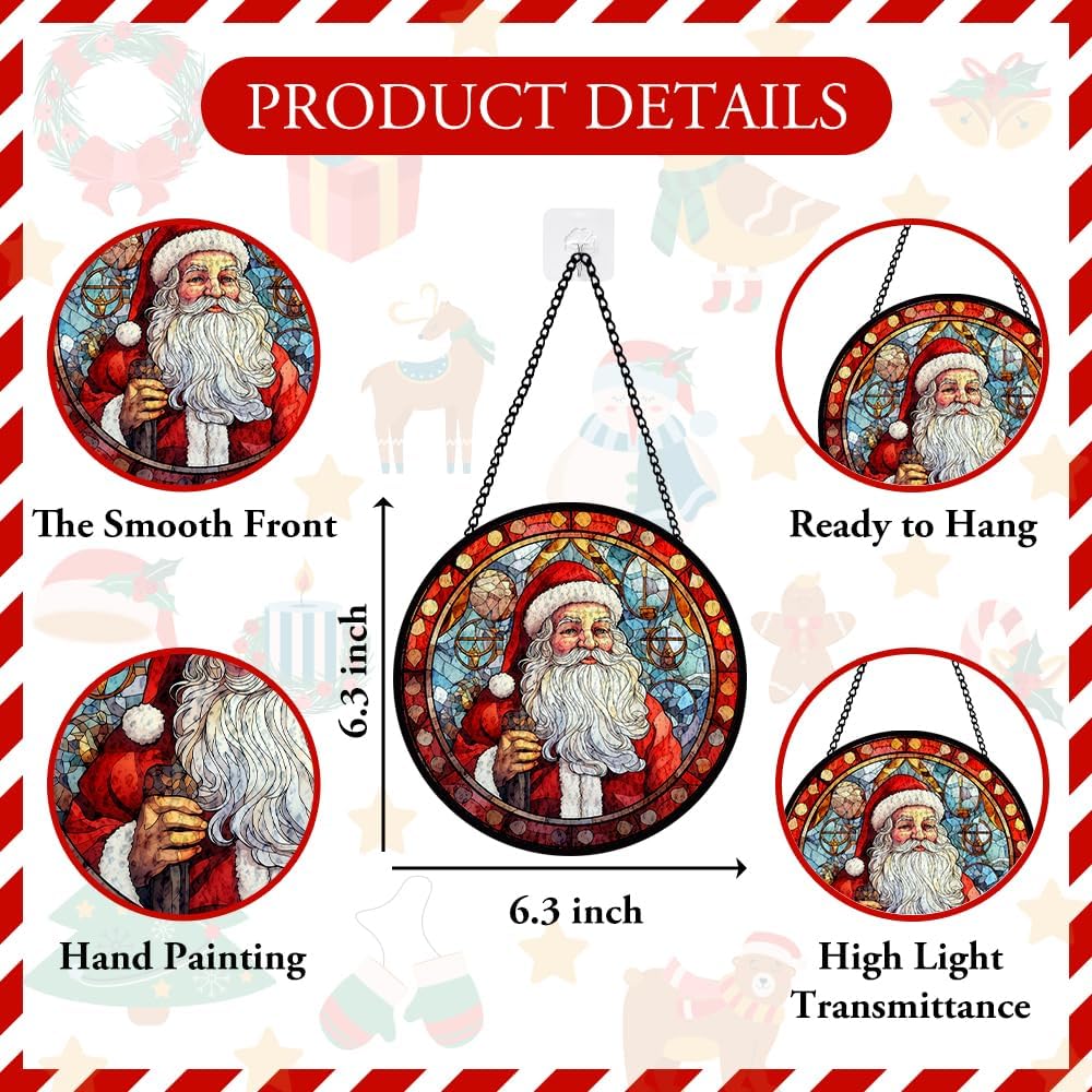 Santa Stained Glass Window Hanging, Christmas Sun Catcher Panel Decoration, Santa Ornament for Xmas, Glasswork Hanging Ornament, Christmas Glass Decor, Xmas Gifts for Winter Home