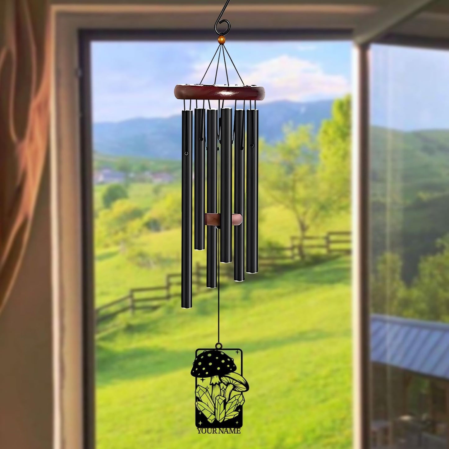 Personalized Customize Name Fantasy Mushroom Wonderland Wind Chime, Metal Iron 37 Inch Outdoor Memorial Gift for Garden Yard Patio Home Decor, Black (Style J)