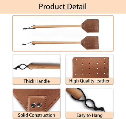 Leather Fly Swatter - Heavy Duty Manual Fly Swatter with Wood Handle, Durable Leather Fly Swatter for Indoor and Outdoor Use (Brown)