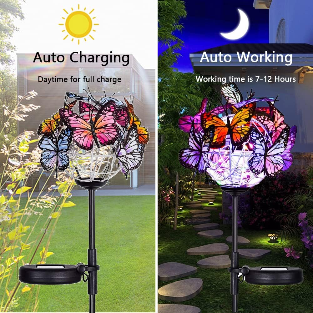 Outdoor Solar Lights 2 Pack, Solar Garden Lights with 18 Butterflies Decoration Outdoor Lamps, Waterproof Butterfly Flower Lights for Patio Yard Lawn Garden Decor, Gifts for Mom Women