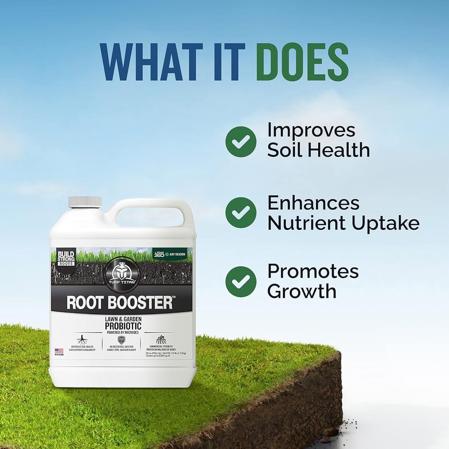 Turf Titan Root Booster Hose End (32 oz) – Natural Liquid Probiotic for Lawn Care – Green Booster for Lawn Maintenance – Supports Growth & Resilience – Covers up to 8,000 Sq Ft