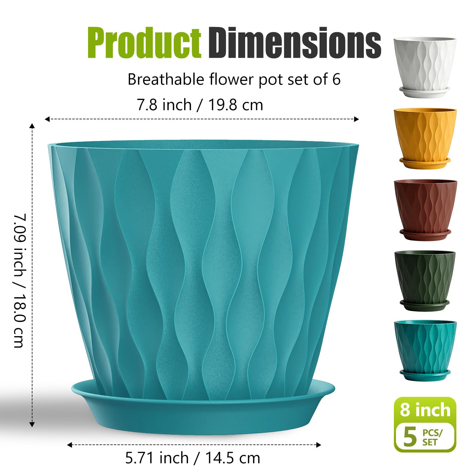 SQKH 8 Inch Plastic Plant Pots,Set of 5 Flower Pots,Planters with Drainage Holes & Saucers, Indoor