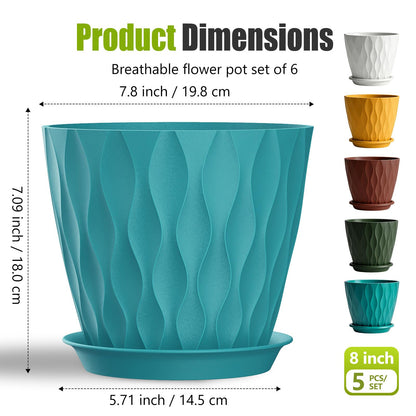 SQKH 8 Inch Plastic Plant Pots,Set of 5 Flower Pots,Planters with Drainage Holes & Saucers, Indoor