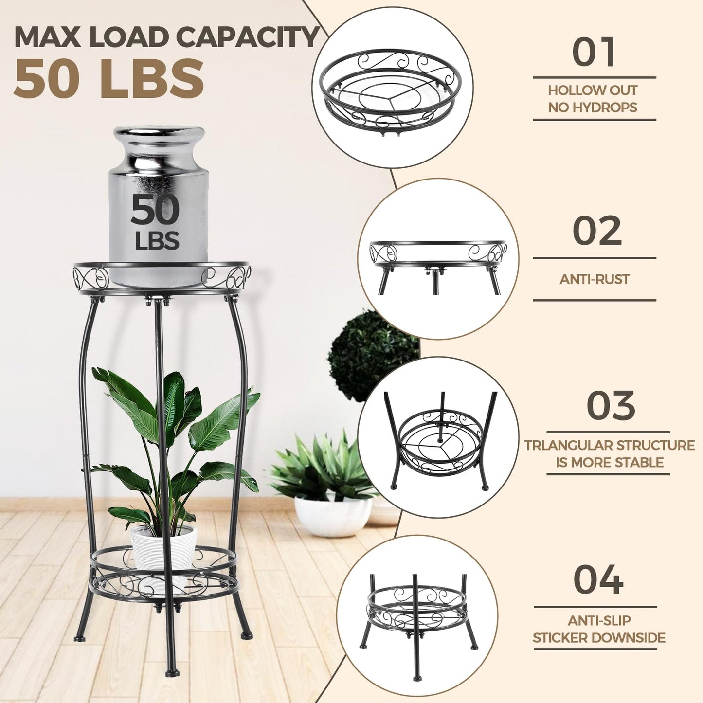 Kavlium Plant Stand Indoor Outdoor, Tall Black Metal, 2 Tier 27.1 Inch