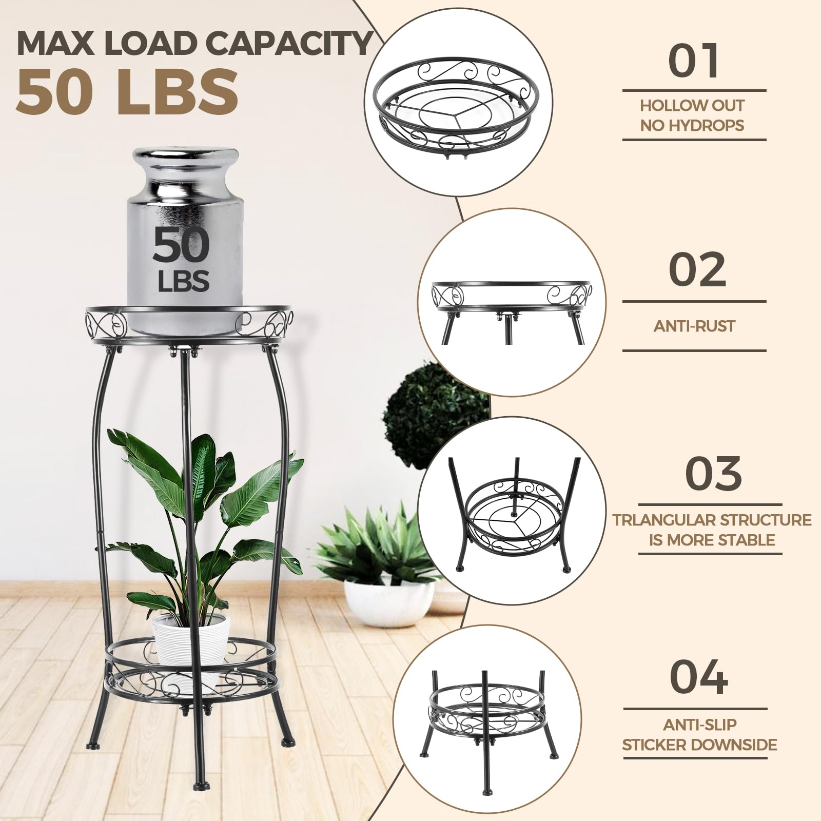Kavlium Plant Stand Indoor Outdoor, Tall Black Metal, 2 Tier 27.1 Inch