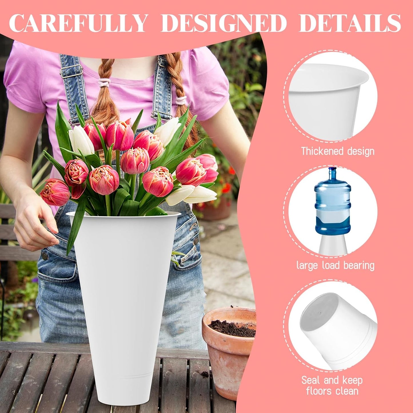 Flower Display Stand with Buckets, 4 Layers 16 PCS Buckets Plant Stand with Wheels, Movable Metal Plant Stand for Terrace Garden, Living Room, Florist Shop (White Frame - White Buckets, 4-Tier)