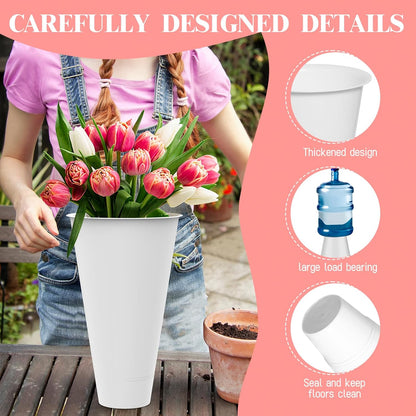 Flower Display Stand with Buckets, 4 Layers 16 PCS Buckets Plant Stand with Wheels, Movable Metal Plant Stand for Terrace Garden, Living Room, Florist Shop (White Frame - White Buckets, 4-Tier)