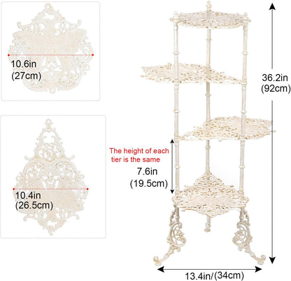 Sungmor Vintage Cast Iron 4-Tier Plant Stand, Elegant Butterfly & Floral Design with Antique White Finish, 36 Inch Tall Rustic Flower Pot Holder, Heavy Duty Metal Display Shelf for Indoor and Outdoor