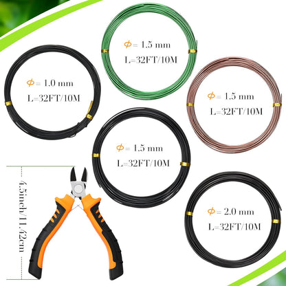 5 Roll Aluminum Bonsai Training Wire & Cutter Set - 160 Feet Total with Adjustable Anodized Wire 1/1.5/2.0 mm for Fine Trunk & Branch Control