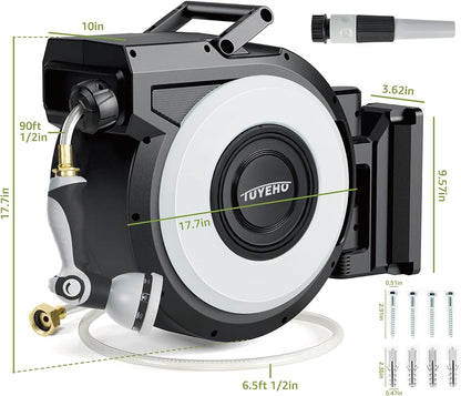 Tuyeho Retractable Garden Hose Reel 90 FT, Wall Mount Heavy Duty Water Hose Reels with Automatic Slow Rewind System, Outdoor Hoses Reel with 2 Hose Nozzles for Garden Watering, Car Wash, Pet Shower