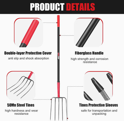 5-Tine Pitch Fork Garden Forks Heavy Duty Manure Fork Pitchfork with Long Fiberglass Handle for Garden Farm Yardwork,58 inches