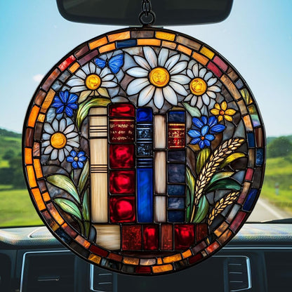 Floral Stack of Bookks Acrylic Suncatcher Stained Glass Effect Window Car Hanging Christmas Ornament Indoor Outdoor Decor Garden Sun Catcher Panel for Book Lover for Women Mom Grandma