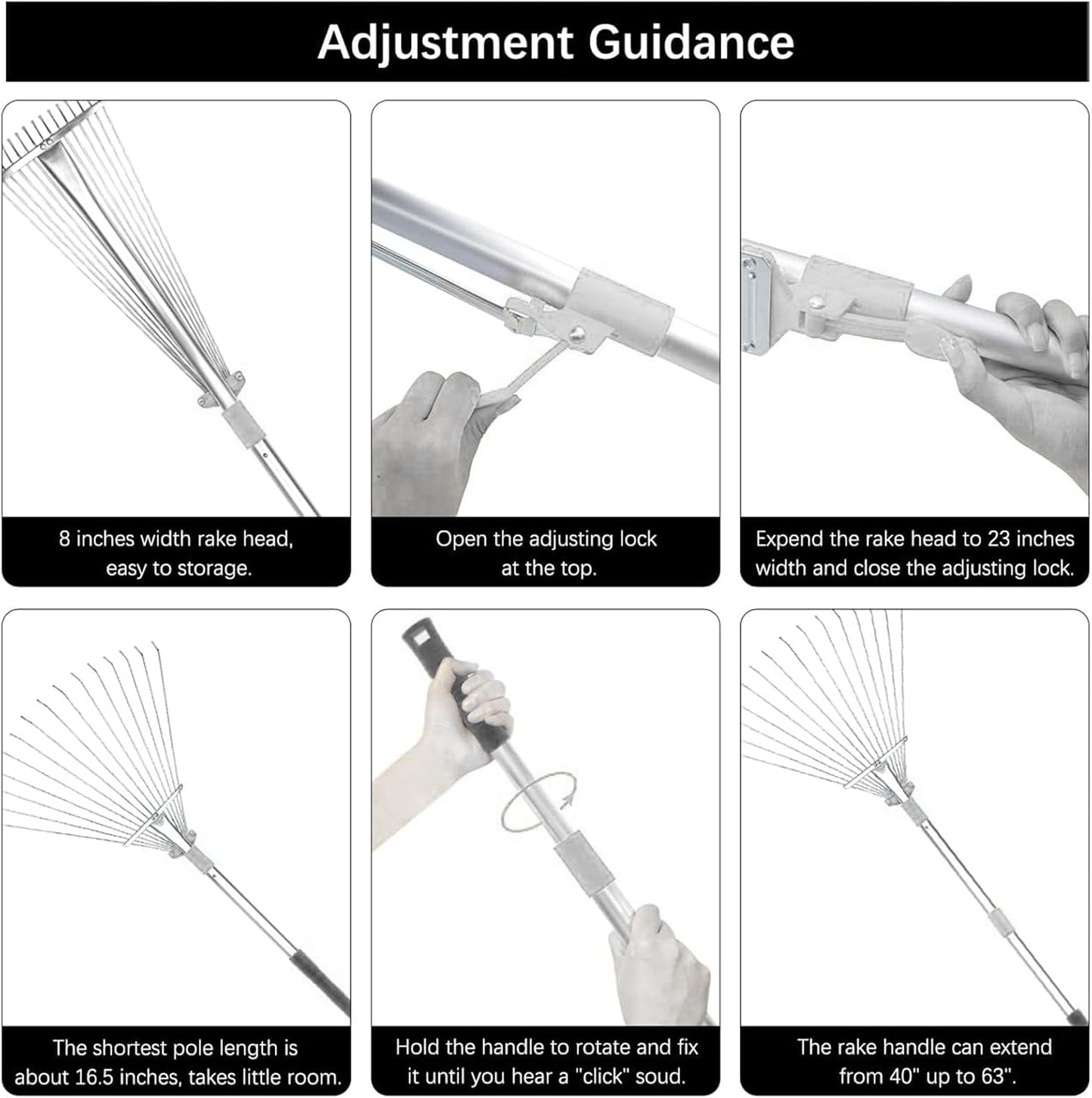 Buyplus Adjustable Garden Leaf Rake - 24 to 63 Inch Telescopic Metal Expandable Folding Leaves Rake, Metal Rakes for Leaves, Yard Rakes for Lawn Yard, Flowers Beds, Sliver