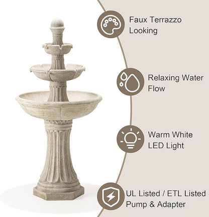 Glitzhome Water Fountain Outdoor Floor-Stand Fountains with LED Light & Pump, Oversized 3 Tier Terrazzo Waterfalls Patio Fountain and Waterfalls Outdoor Yard Fountains for Lawn Garden Backyard Deck