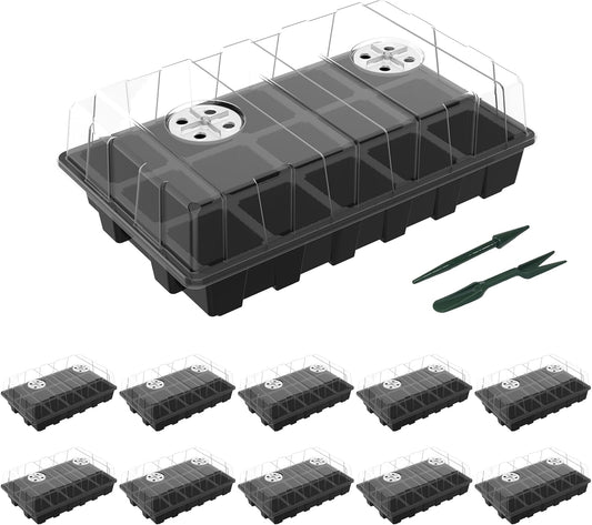 Gardzen 10-Pack Seed Starter Kits, Reusable Plant Germination Trays with Total 150-Cell, Seed Starter Tray with Humidity Vented Domes and Bases for Starting Vegetable Flower Herb Seeds 15" x 9"