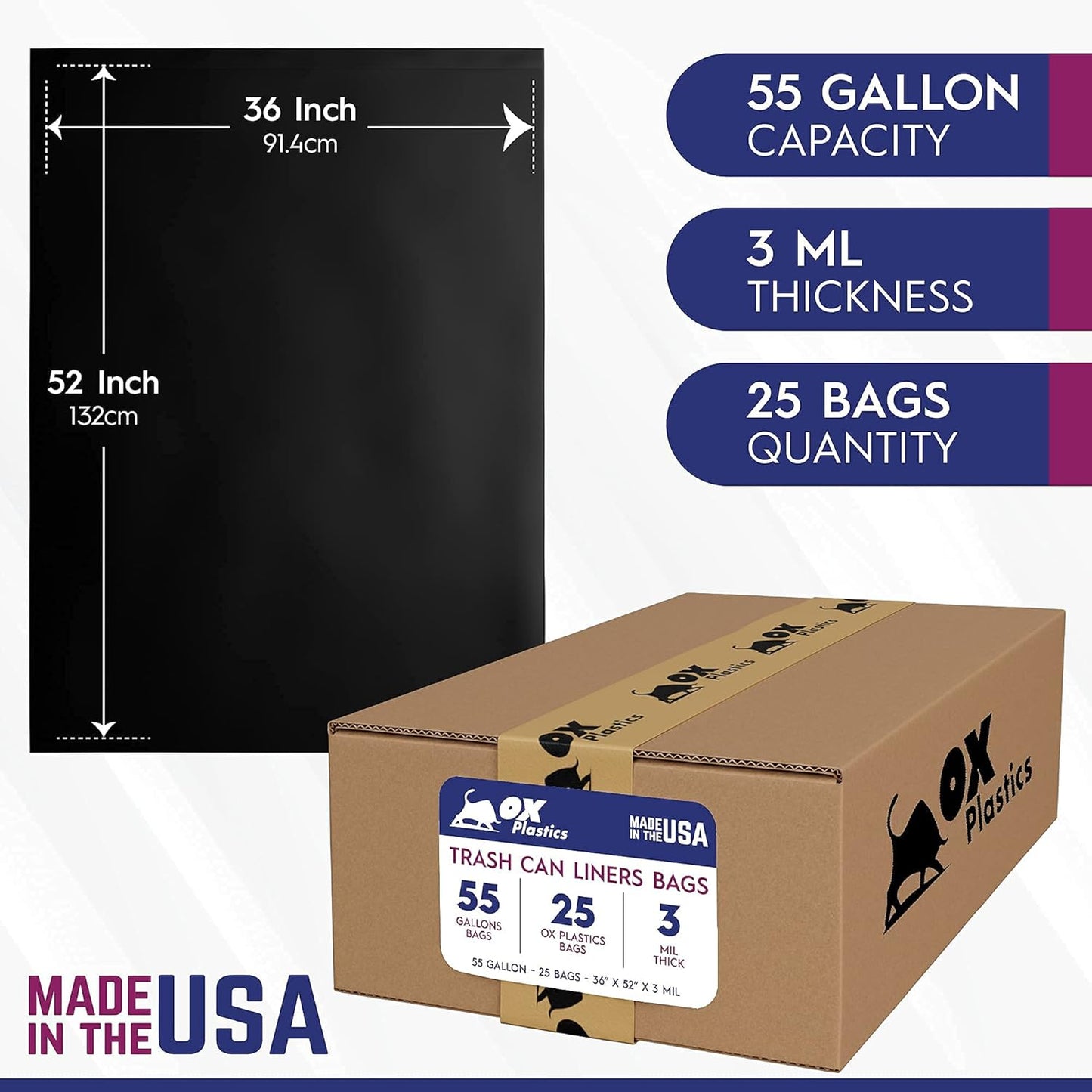 55 Gallon Trash Bags Heavy Duty – Large Black Contractor Bags 36x52" – Industrial, Yard Waste, Lawn & Leaf, Construction Garbage Can Liners – Made in USA (3 Mil, 25 Count)