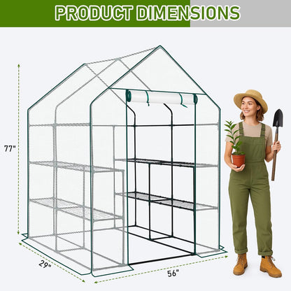 Outvita Walk-in Greenhouse, Outdoor Durable PE Plant Green House for Frost Protection with 3 Tiers 8 Shelves, Shelf Clips, Roll-up Zipper Door, 56"x56"x77" White