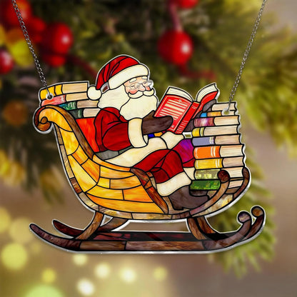 Christmas Sun Catcher for Window Hanging Read Book Santa Claus Designs Acrylic Suncatcher Decor for Wall Home, Garden, Housewarming Women Neighbor Party Cute Winter Xmas Gifts7.87inch