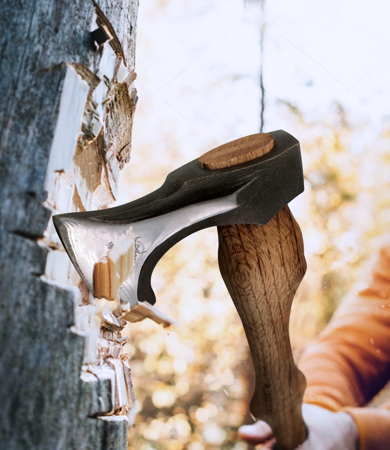 Splitting Axe, 21.5-inch Chopping Axe with Leather Sheath, Camping Hatchet 1055 High Carbon Steel and Beech Wooden Handle