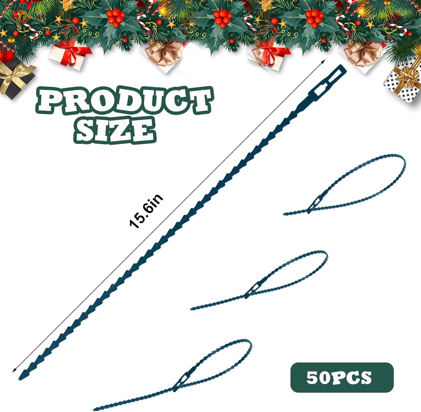 50pcs Christmas Garland Ties Green Flexible Self Locking Nylon Strap 15.7Inch Adjustable Reusable Garland Hanger Decorating Holiday Banister Twist Ties for Christmas Lights Wreath Making Door Stairway