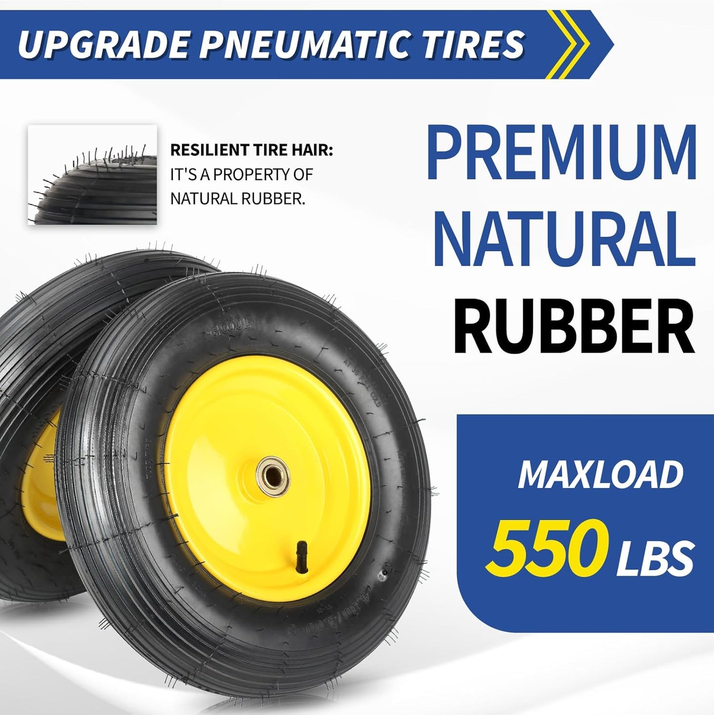 (2 Pack)4.80/4.00-8 Wheelbarrow Tire and Wheel, 16" Rubber Pneumatic Wheel, 3" -6" Centered Hub, 5/8" & 3/4" Bearings, for Hand Truck, Trolley, Garden Cart, Wagons【Explorer Series】