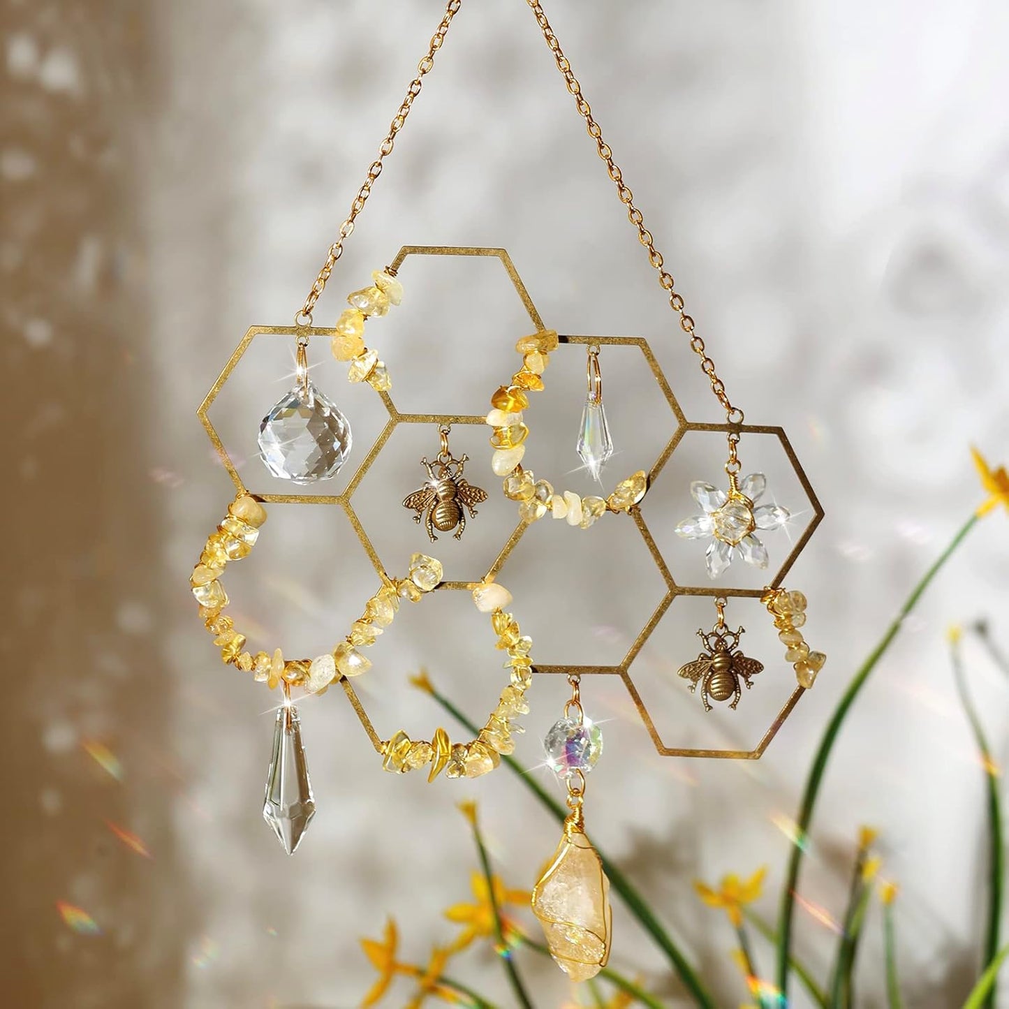 Tuitessine Crystals Suncatcher Window Hanging Bumble Bee Decor Honeycomb Light with Crystal Glass Prisms Hive for Home Indoor Outdoor Catcher Garden Ornament Christmas Birthday Gift Ideas