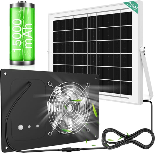 Solar Powered Fan with Timer & 15000mAh Battery, 25W Efficient Solar Exhaust Intake Fan, 3500 RPM High-Speed Waterproof Ventilation Fans for Chicken Coops, Greenhouses, Pet Houses, Sheds & Windows