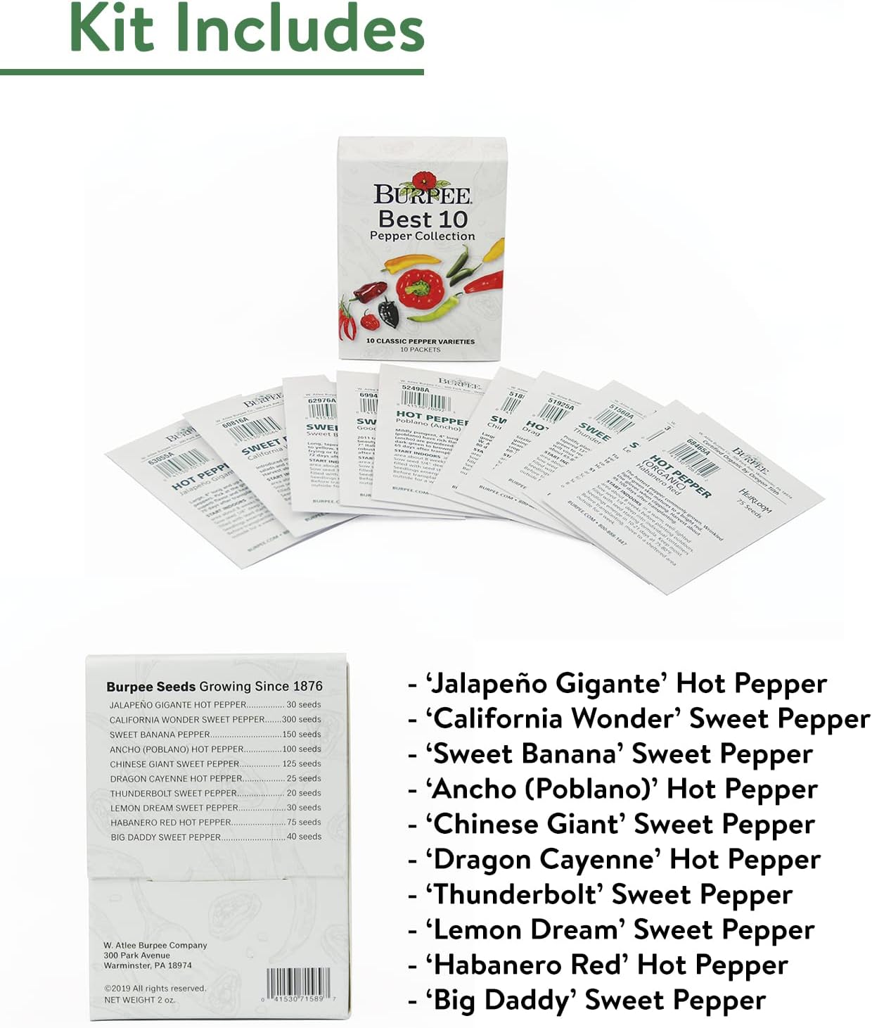Burpee Best Collection | 10 Packets of Non-GMO Fresh Mix of Hot Pepper & Sweet Varieties | Jalapeno, Bell Pepper Seeds & More, Seeds for Planting