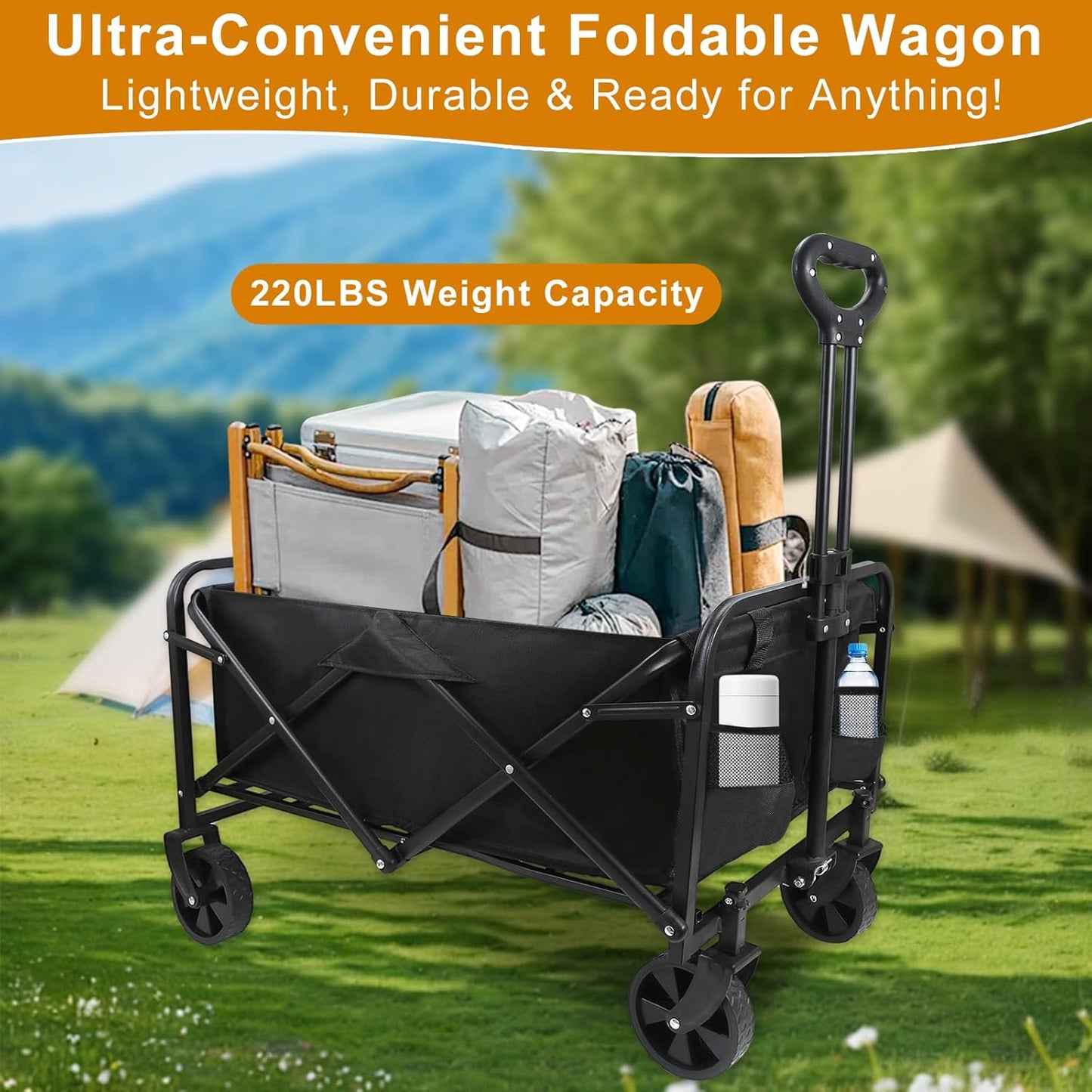 Heavy-Duty Collapsible Wagon Cart with Wheels, Lightweight Foldable Utility Cart with Adjustable Handle for Outdoor Use – Ideal for Grocery Shopping, Camping, Sports, Fishing, and More (Black)