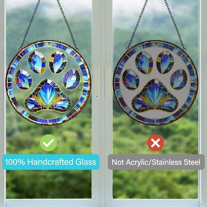 Dog Cat Paw Print Suncatcher Stained Glass Window Hanging - Handmade Stained Glass Panel Suncatchers for Windows Hanging - Sun Catchers Indoor Window Decor Memorial Catcher Remembrance Birthday Gift