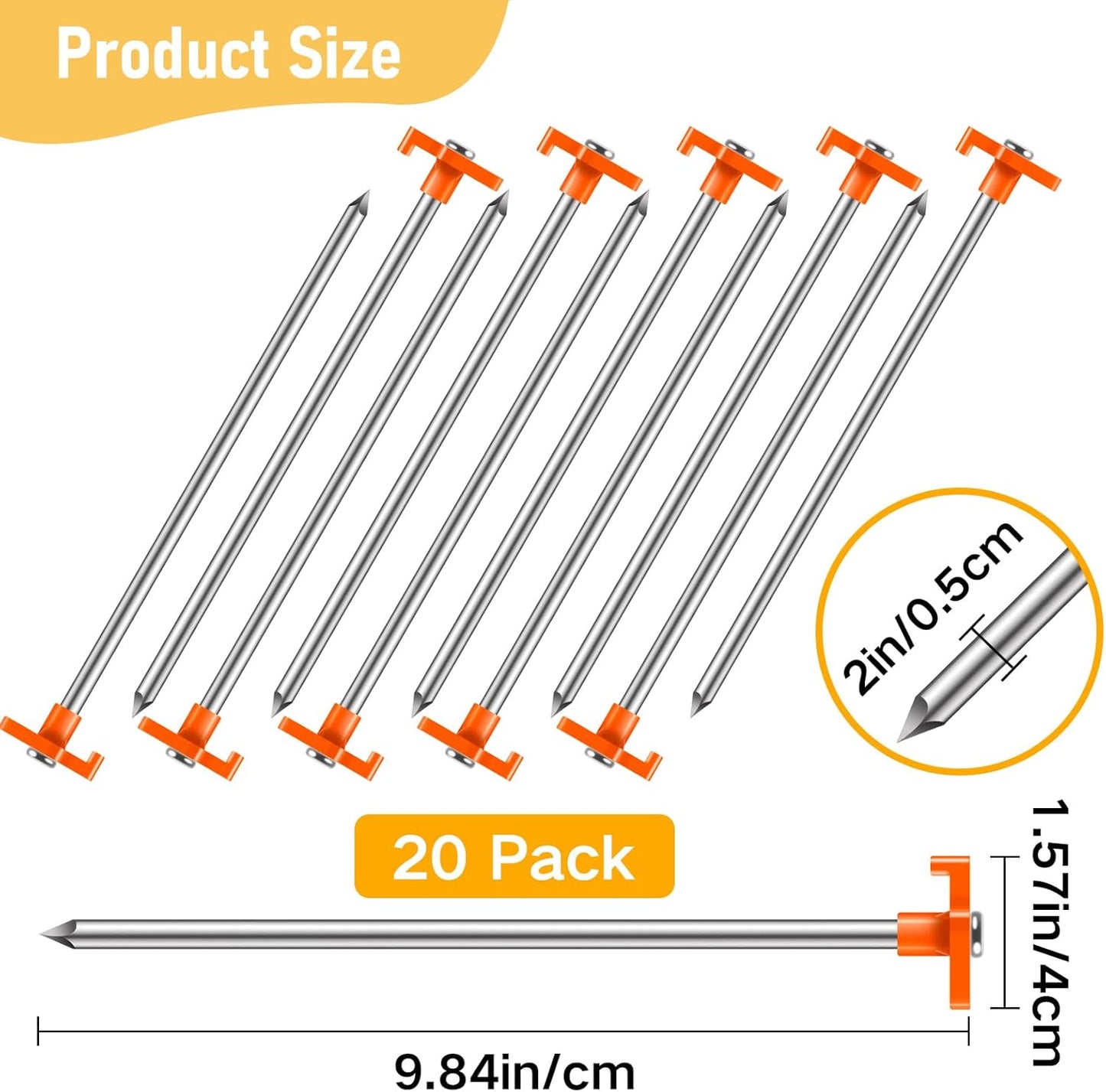 20 Pack Tent Stakes Heavy Duty, 9.84 Inch Rust-Proof Yard Stake Ground Stakes, Metal Tent Pegs for Camping Patio, Garden, Canopy, Grass, Outdoor (Orange)