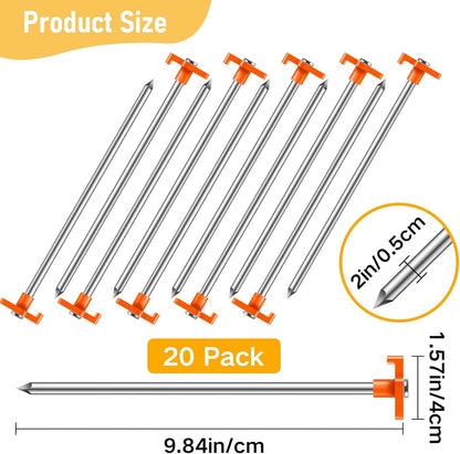 20 Pack Tent Stakes Heavy Duty, 9.84 Inch Rust-Proof Yard Stake Ground Stakes, Metal Tent Pegs for Camping Patio, Garden, Canopy, Grass, Outdoor (Orange)