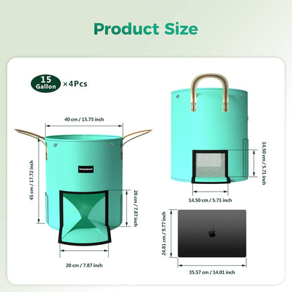 4 Pack 15 Gallon Potato Grow Bags,PE Garden Planter Bag with Breathable Screen Window Reinforced Handles for Potatoes Tomatoes Carrots Onions