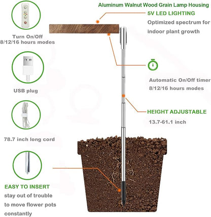 yadoker Plant Grow Light, LED Growing Light Full Spectrum for Indoor Plants,Aluminum Walnut Wood Grain Plant Lights,Height Adjustable, Automatic Timer, 5V Low Safe Voltage,Idea for Large