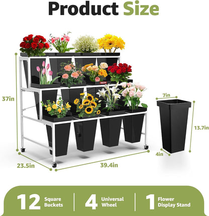 3 Layers Flower Display Stand with Buckets, 12 PCS Buckets Plant Stand with Wheels, Movable Metal Plant Stand for Terrace Garden, Living Room, Florist Shop