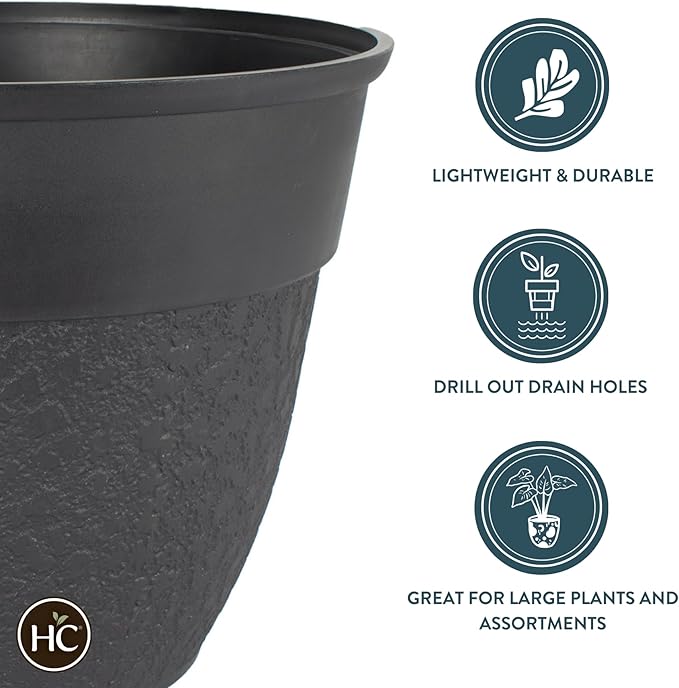 The HC Companies 16 Inch Brookhaven Decorative Round Planter - Lightweight Premium Resin Plant Pot with a Stonelike Texture for Indoor Outdoor Use, Black