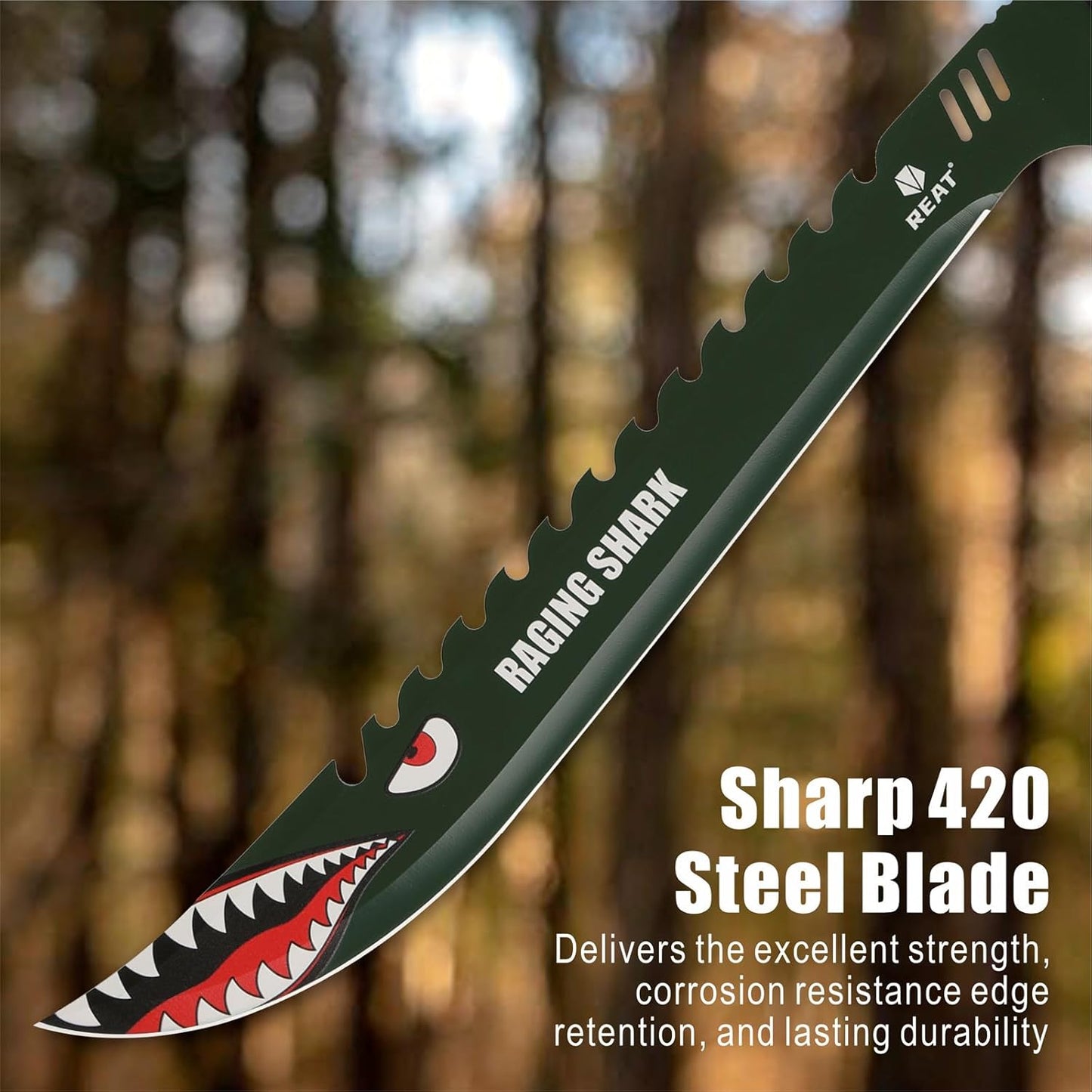 REAT Machete with Sheath, 25.5" Full Tang 420 Stainless Steel Blade with Raging Shark Green Coating,Non-silp Cord-Wrapped Handle for Yard Work, Cutting Trees,Camping