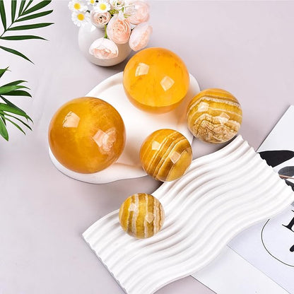 JIC Gem Natural Yellow Fluorite Crystal Sphere Crystal Decorative Ball with Wooden Stand Meditation Balls for Witchcraft Reiki Gift 50-60mm