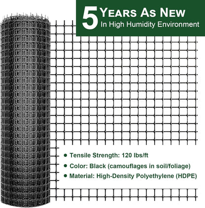 Heavy Duty Plastic Fence Roll 55" x 50' - 0.8x0.8 Inch Chicken Wire Mesh, Reusable Fencing for Garden, Rabbit/Poultry Protection, Balcony & Plant Defense (Black)