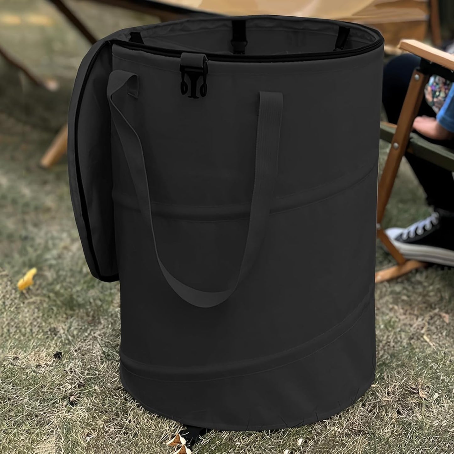 Pop up Camping Trash can with lid,Collapsible 24 Gallons Trash can with Sorting Clips,Garden Garbage Bag with Lid,Lawn and Leaf Bags - Reusable Yard Waste Bags (Black)