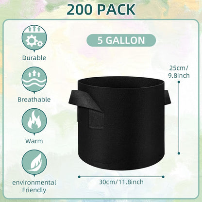 200 Pack 5 Gallons Grow Bags, Non-Woven Fabric Pots Plant Bags, Plant Grow Bags with Handles, Garden Planting Bags for Potatoes, Carrots, Tomatoes and Other Vegetable,Fruits