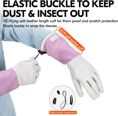 Vgo... 1-Pair Premium Genuine Goat Leather Extra-Long Cuff Thornproof Gardening Gloves (Size M, Pink White, GA1013)